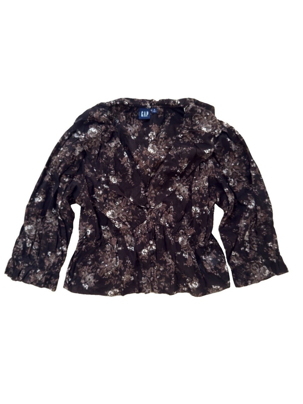 GAP Y2K Brown Floral Ruffle Blouse Women’s S 100% Cotton Cottagecore 2000s